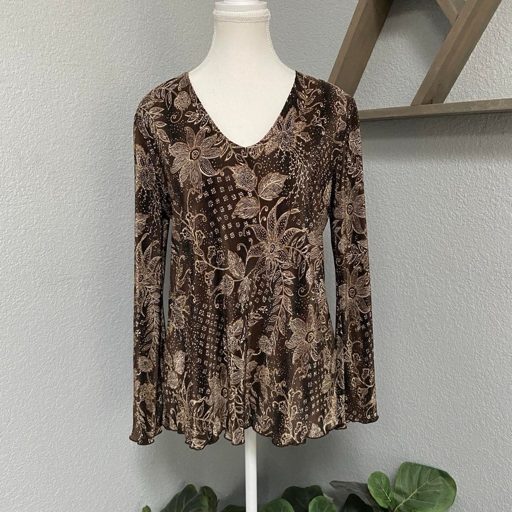 PLISSÉ BROWN BEIGE FLORAL PLEATED BELL SLEEVE TOP Y2K WITCHY FOREST FAIRYCORE